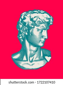 Green vintage engraved drawing bust head of David sculpture side face vector illustration isolated on bright red background retro style