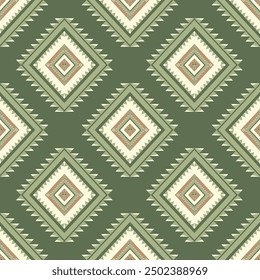 Green Vintage Ethnic pattern Ikat background embroidery. Tribal Navajo traditional geometric art Aztec colored. Design for wallpaper, texture, textile, fabric, clothing,  wrapping, batik, sarong.