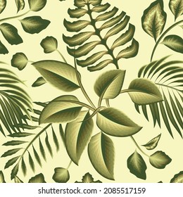 green vintage exotic botanical illustration wallpaper seamless pattern with monochromatic coconut fern leaves and plant foliage on beige background. fashionable print texture. Summer design. natural