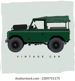 green vintage iconic british offroad 4x4 with mud wheel, pickup layered file high wheel adventure vector 