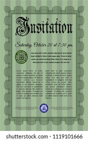 Green Vintage invitation. Complex background. Customizable, Easy to edit and change colors. Money style design. 