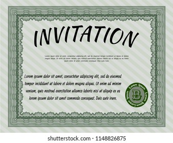 Green Vintage invitation. Complex background. Customizable, Easy to edit and change colors. Money Pattern design. 