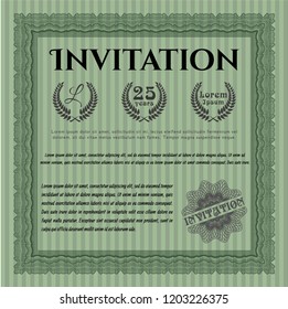 Green Vintage invitation. With complex linear background. Vector illustration. Retro design. 