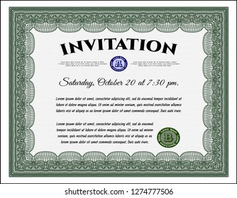 Green Vintage invitation. With complex linear background. Detailed. Elegant design. 
