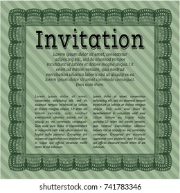 Green Vintage invitation. With complex linear background. Lovely design. Detailed. 