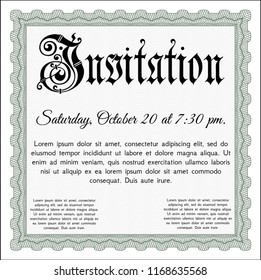 Green Vintage invitation. Cordial design. Vector illustration. With guilloche pattern and background. 