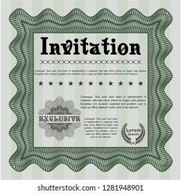 Green Vintage invitation. Cordial design. With great quality guilloche pattern. Vector illustration. 