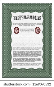 Green Vintage invitation. Detailed. With complex linear background. Money Pattern. 