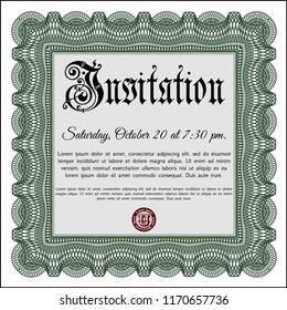 Green Vintage invitation. Detailed. With complex linear background. Good design. 