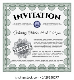 Green Vintage invitation. Detailed. With complex linear background. Money Pattern. 