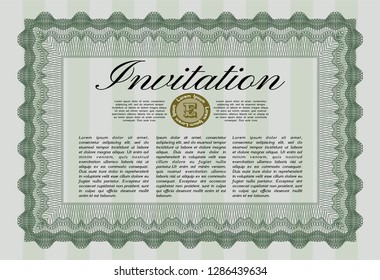Green Vintage invitation. Detailed. With guilloche pattern and background. Sophisticated design. 