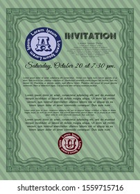 Green Vintage invitation. Detailed. With guilloche pattern and background. Retro design. 