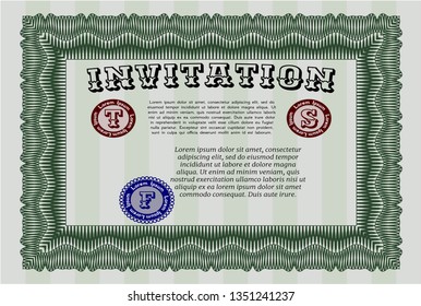 Green Vintage invitation. Detailed. With linear background. Retro design. 