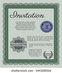 Green Vintage invitation. Detailed. With linear background. Sophisticated design. 