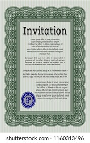 Green Vintage invitation. Elegant design. Vector illustration. With guilloche pattern. 