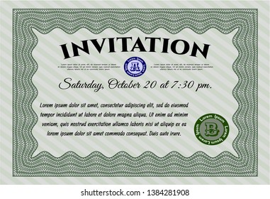 Green Vintage invitation. Excellent design. Customizable, Easy to edit and change colors. With guilloche pattern. 