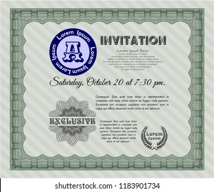 Green Vintage invitation. With linear background. Money style design. Vector illustration. 