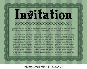 Green Vintage invitation. With linear background. Modern design. Vector illustration. 