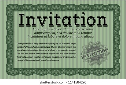 Green Vintage invitation. Money style design. Vector illustration. With guilloche pattern and background. 