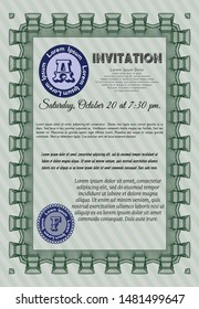 Green Vintage invitation. Printer friendly. Money Pattern design. Detailed. 