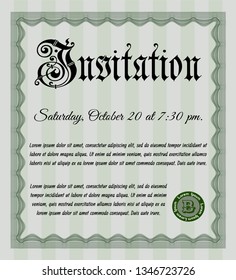 Green Vintage invitation. Retro design. Detailed. With guilloche pattern and background. 