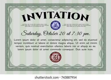 Green Vintage invitation. Sophisticated design. Vector illustration. With guilloche pattern. 