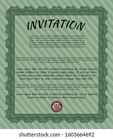 Green Vintage invitation template. Artistry design. With guilloche pattern and background. Vector illustration. 