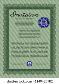 Green Vintage invitation template. Beauty design. Detailed. With guilloche pattern and background. 