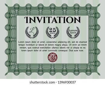 Green Vintage invitation template. Beauty design. Vector illustration. With great quality guilloche pattern. 