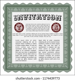 Green Vintage invitation template. With complex background. Vector illustration. Cordial design. 