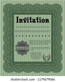 Green Vintage invitation template. With complex linear background. Cordial design. Detailed. 