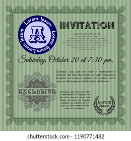 Green Vintage invitation template. With complex linear background. Lovely design. Customizable, Easy to edit and change colors. 