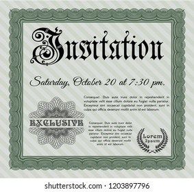 Green Vintage invitation template. With complex background. Detailed. Money design. 