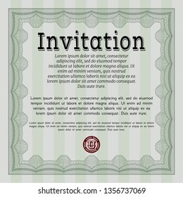 Green Vintage invitation template. With complex linear background. Artistry design. Detailed. 