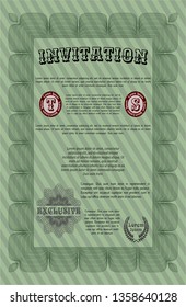 Green Vintage invitation template. With complex linear background. Money Pattern. Detailed. 