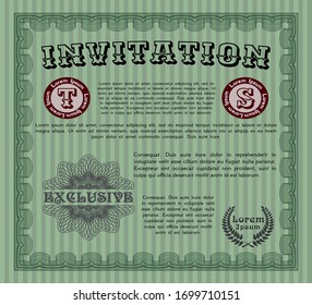 Green Vintage invitation template. With complex background. Detailed. Modern design. 