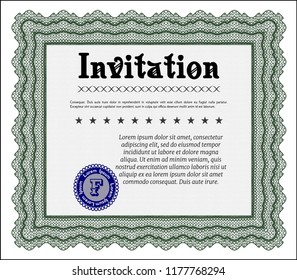 Green Vintage invitation template. Cordial design. With guilloche pattern and background. Vector illustration. 