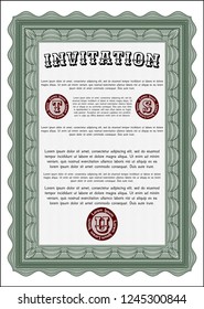 Green Vintage invitation template. Customizable, Easy to edit and change colors. With guilloche pattern and background. Money Pattern. 