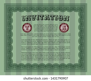 Green Vintage invitation template. Customizable, Easy to edit and change colors. With linear background. Money Pattern design. 