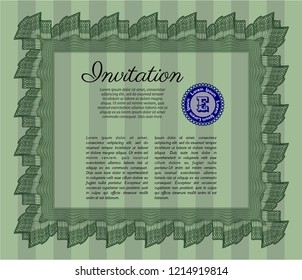 Green Vintage invitation template. Detailed. With linear background. Lovely design. 