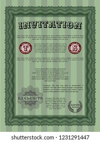 Green Vintage invitation template. Easy to print. Vector illustration. Money Pattern. 