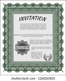 Green Vintage invitation template. Good design. Detailed. With guilloche pattern. 