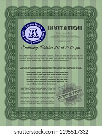 Green Vintage invitation template. With great quality guilloche pattern. Vector illustration. Money Pattern. 