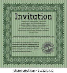 Green Vintage invitation template. With guilloche pattern and background. Money design. Vector illustration. 