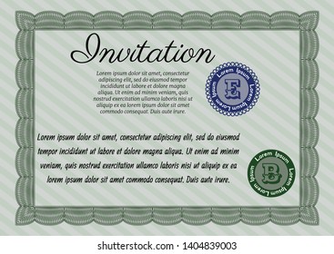 Green Vintage invitation template. With guilloche pattern and background. Vector illustration. Beauty design. 