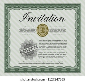 Green Vintage invitation template. With linear background. Detailed. Elegant design. 