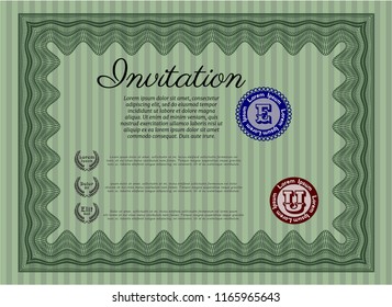 Green Vintage invitation template. With linear background. Money style design. Detailed. 