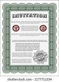 Green Vintage invitation template. With linear background. Elegant design. Detailed. 