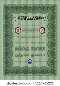 Green Vintage invitation template. Lovely design. Detailed. With guilloche pattern. 