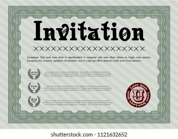 Green Vintage invitation template. Lovely design. With guilloche pattern. Vector illustration. 